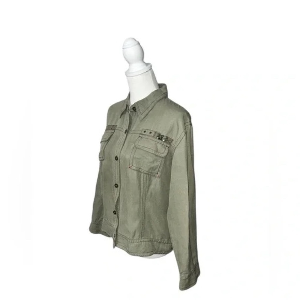 CHICOS Size Large Olive Green Short Bomber Jacket Linen Silk Blend - Picture 2 of 5